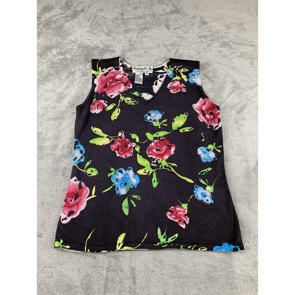 Joseph A Womens Large‎ Blouse Black Floral Sleeveless Silk Rayon C4